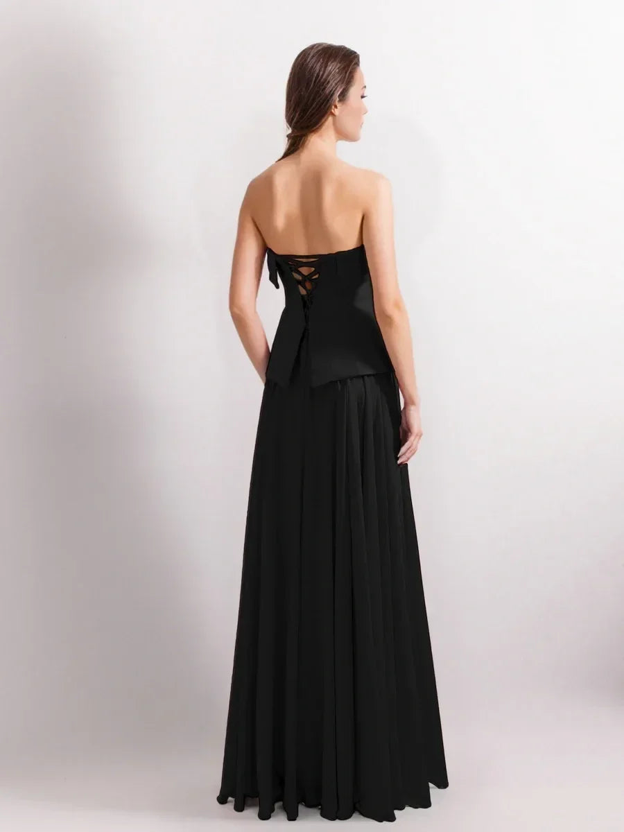 25191-Strapless Crepe Corset-Look Chiffon Skirt Detailed Long Dress