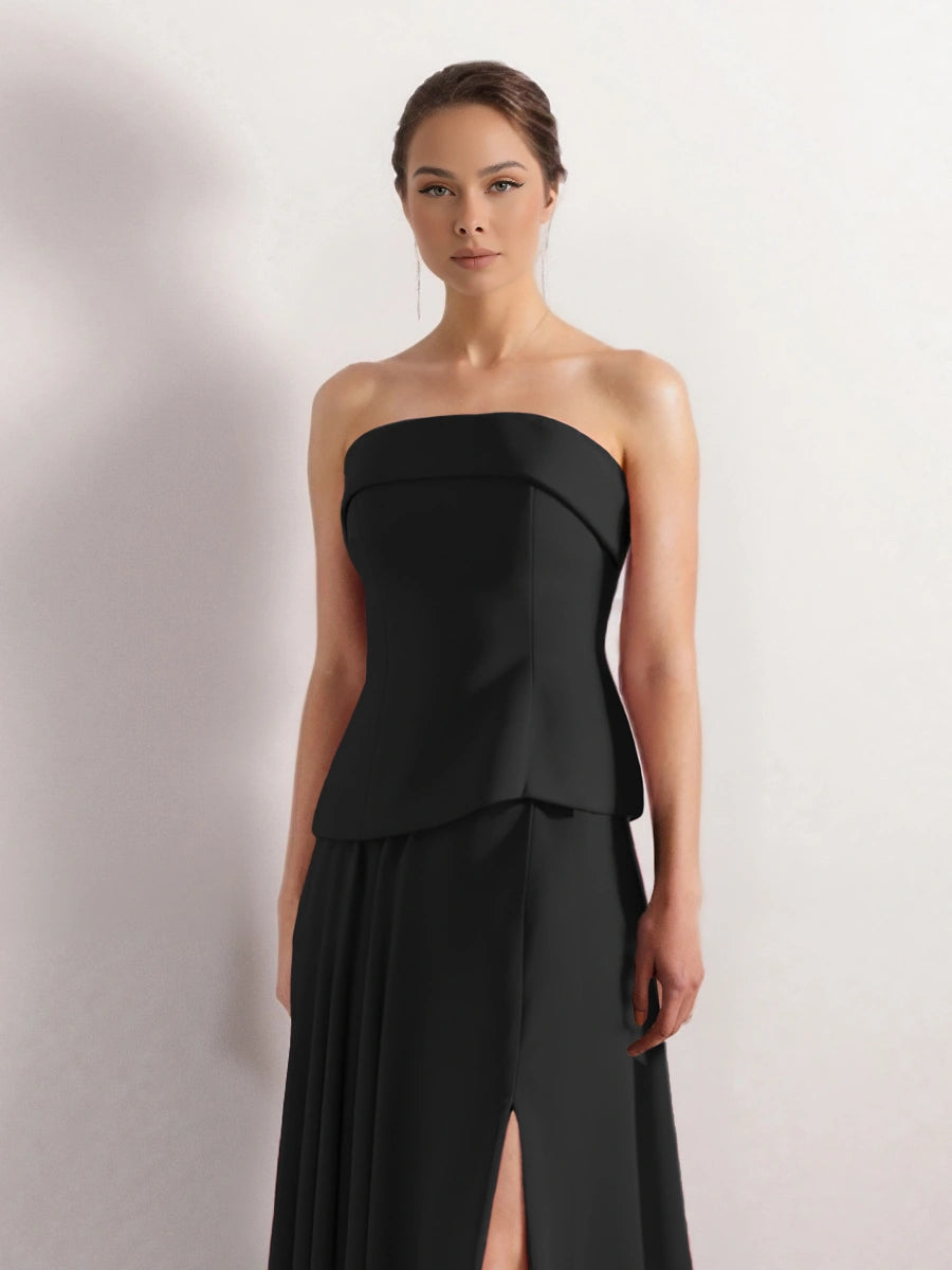 25191-Straplez Krep Korse Görünümlü Şifon Etek Detaylı Uzun Elbise