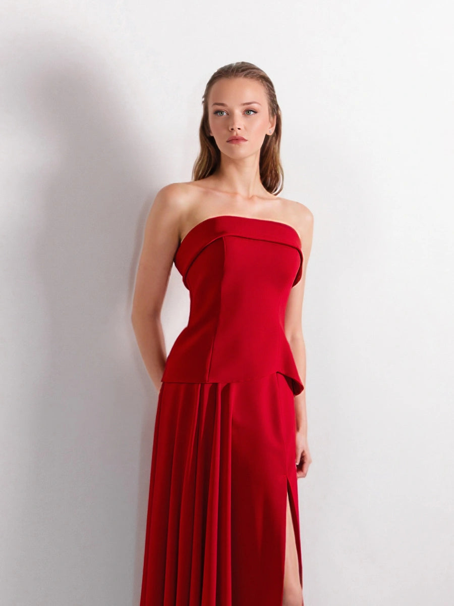 25191-Straplez Krep Korse Görünümlü Şifon Etek Detaylı Uzun Elbise