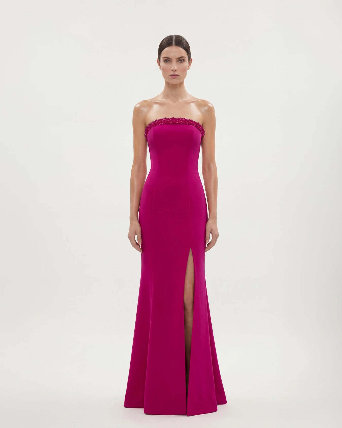 25193-Straplez İşleme Detaylı Yırtmaçlı Balık Elbise