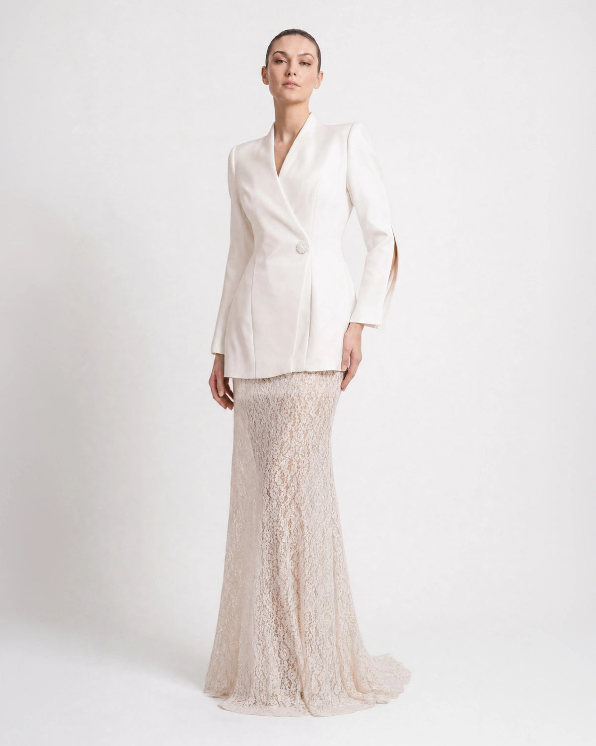 A25198-Couture Evening Gown with Lace Skirt Detail