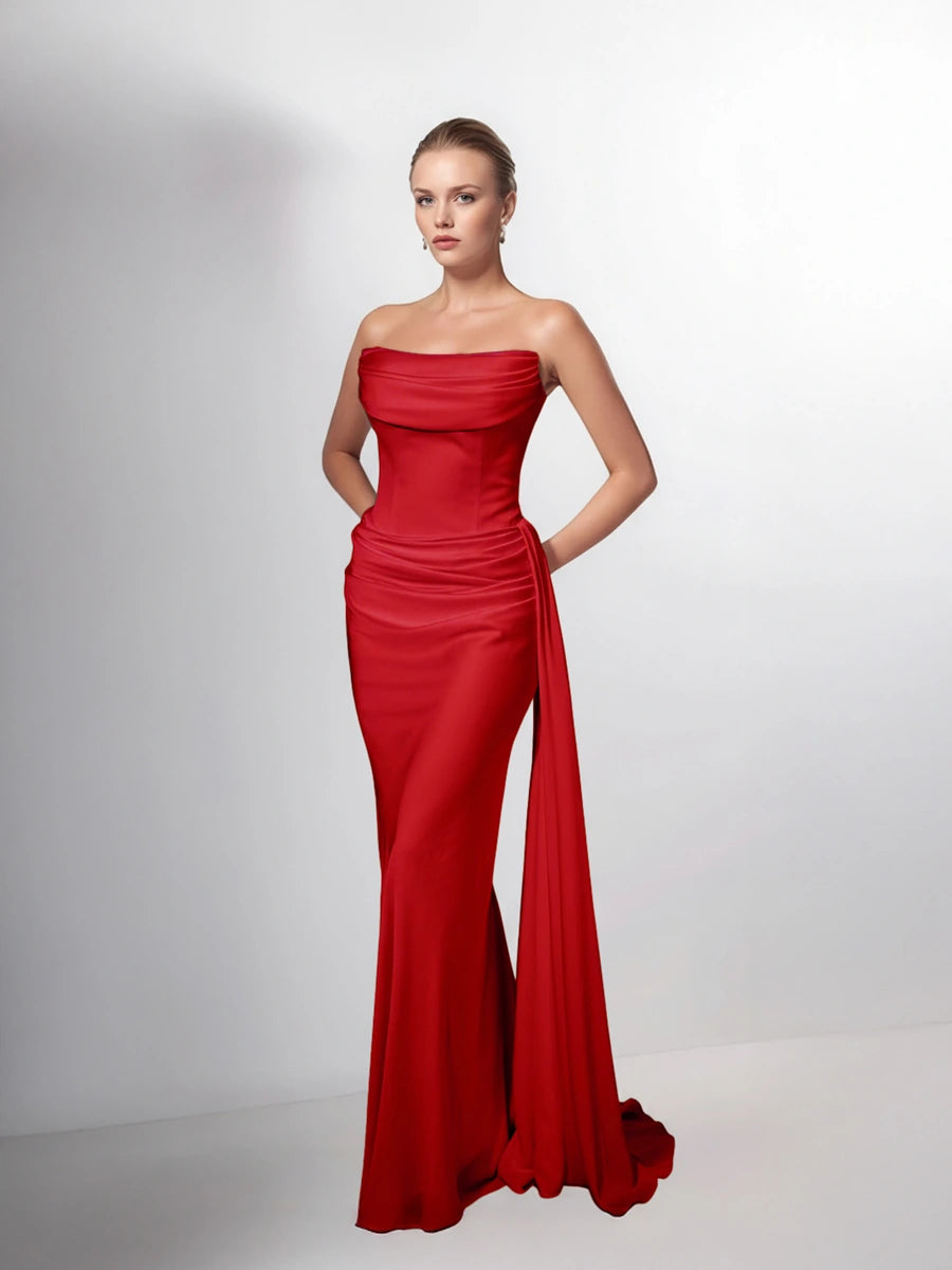 25199-Degaje Yaka Beli Fit Drapeli Abiye Elbise