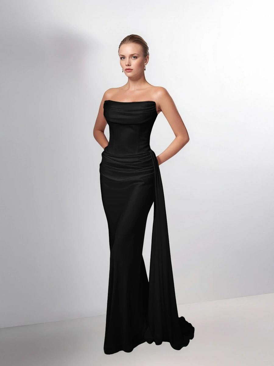 25199-Degaje Yaka Beli Fit Drapeli Abiye Elbise