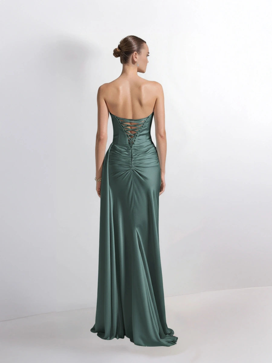 25199-Degaje Yaka Beli Fit Drapeli Abiye Elbise