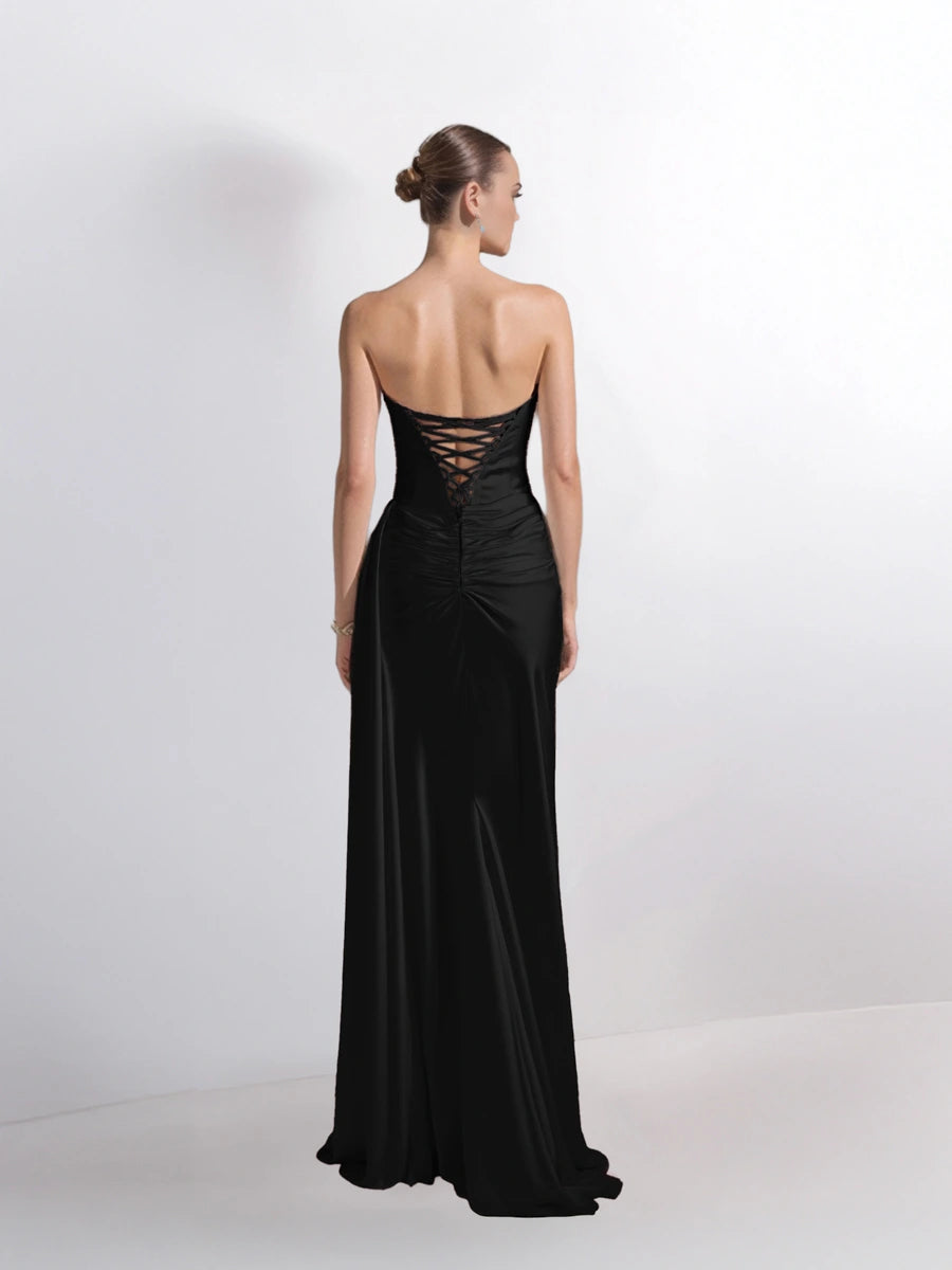 25199-Degaje Yaka Beli Fit Drapeli Abiye Elbise