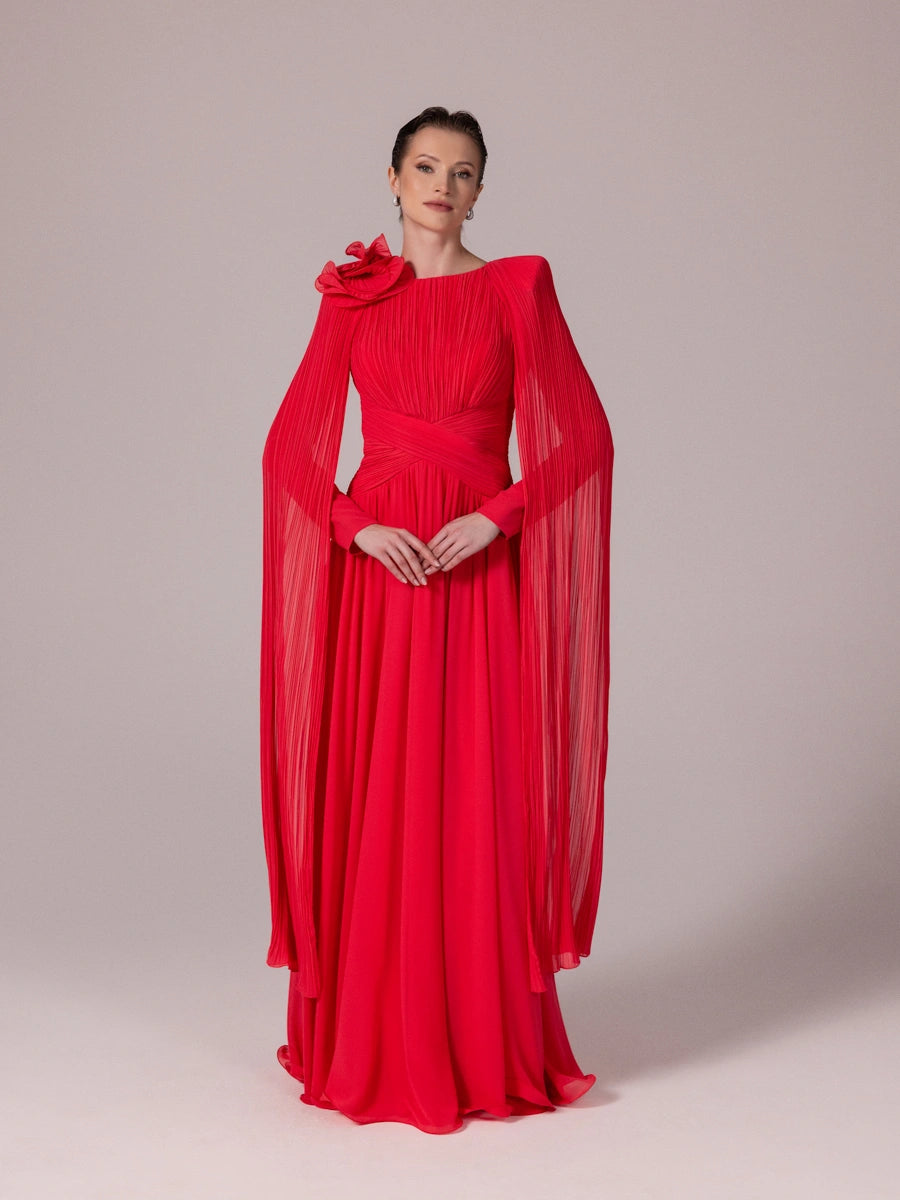 25203-Uzun Kol Kloş Tesettür Abiye Elbise