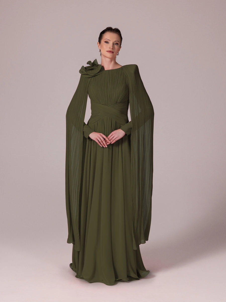 25203-Uzun Kol Kloş Tesettür Abiye Elbise