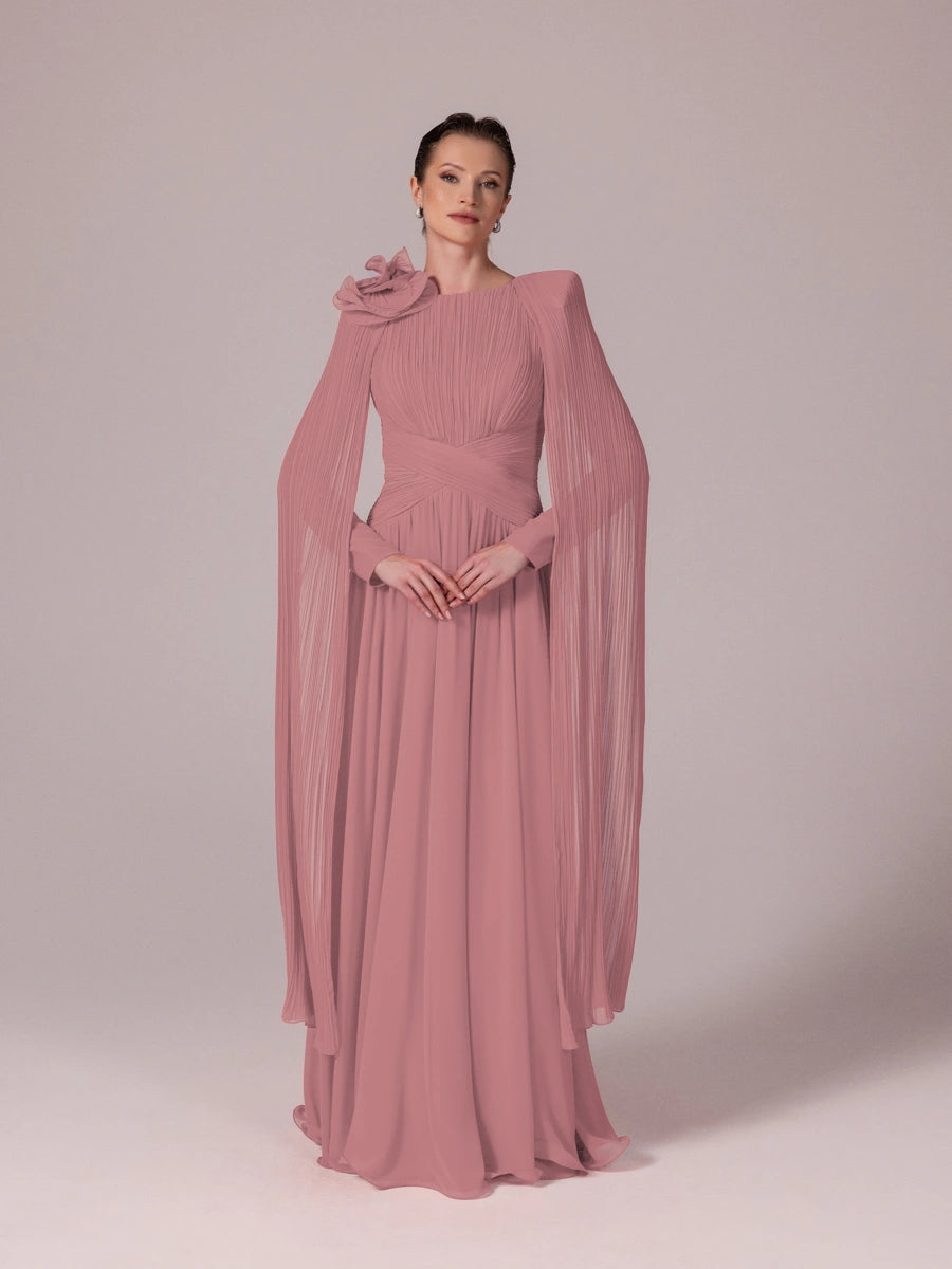 25203-Uzun Kol Kloş Tesettür Abiye Elbise