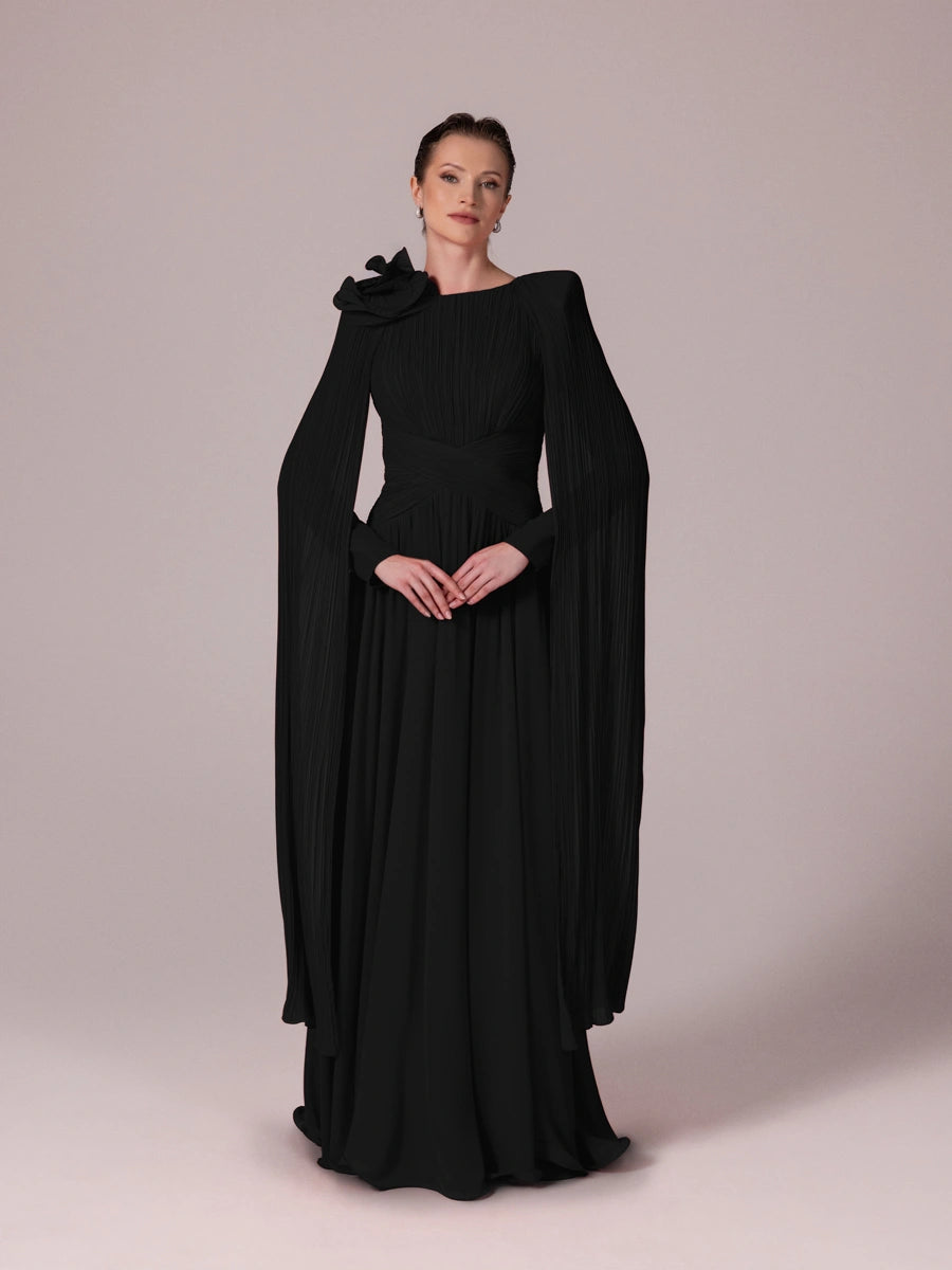 25203-Uzun Kol Kloş Tesettür Abiye Elbise