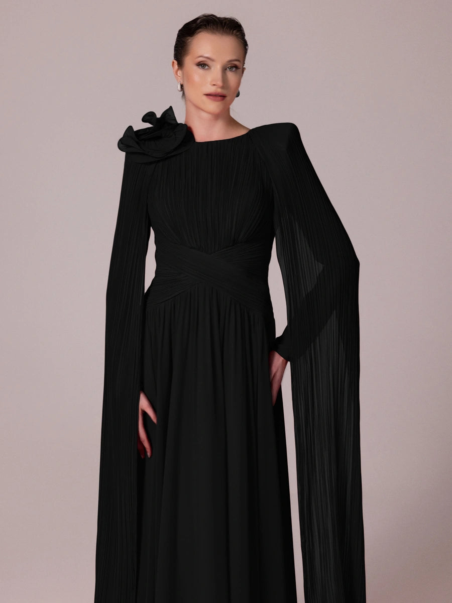 25203-Uzun Kol Kloş Tesettür Abiye Elbise