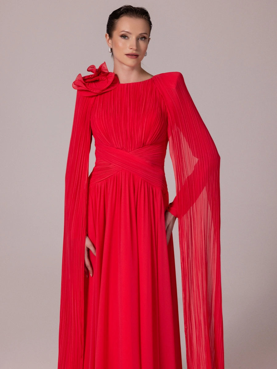 25203-Uzun Kol Kloş Tesettür Abiye Elbise