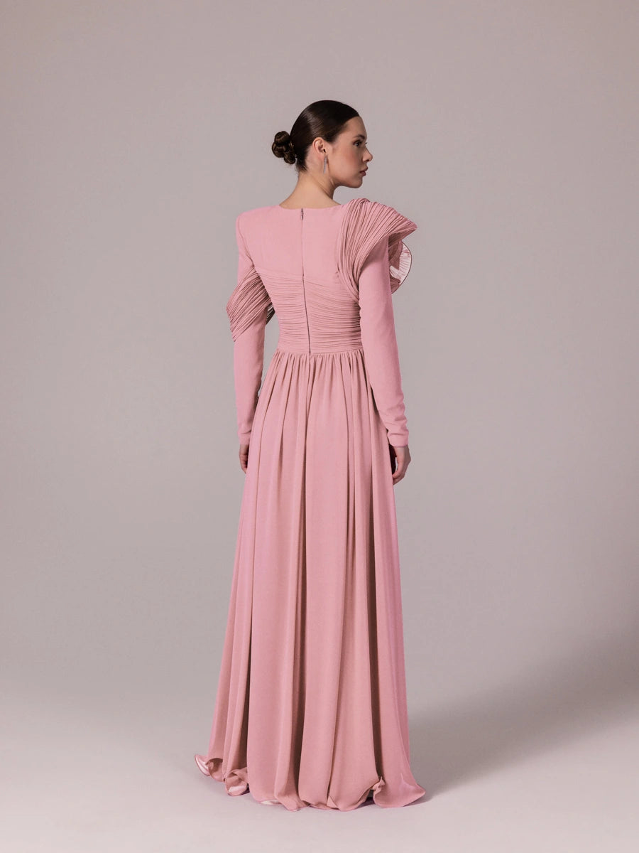 25204-Omuz Çiçek Detaylı Kloş Tesettür Abiye Elbise