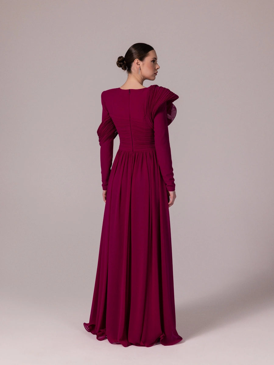 25204-Omuz Çiçek Detaylı Kloş Tesettür Abiye Elbise