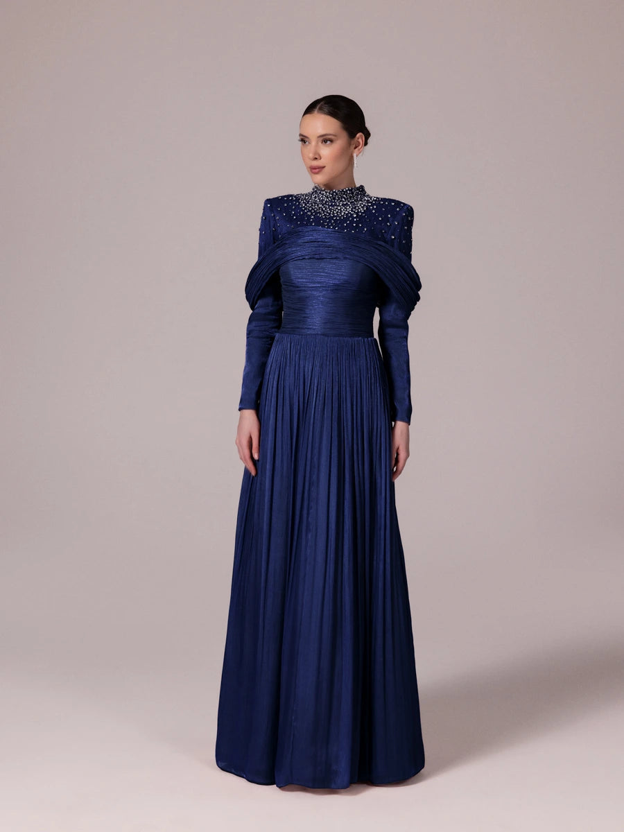 25207-Yakası Taş İşlemeli Pliseli Kabarık Tesettür Abiye Elbise