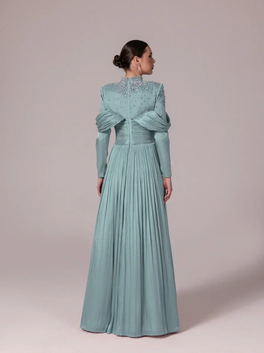 25207-Pleated Puffy Hijab Evening Dress with Stone Embroidered Collar 25207-Pleated Puffy Hijab Evening Dress with Stone Embroidered Collar