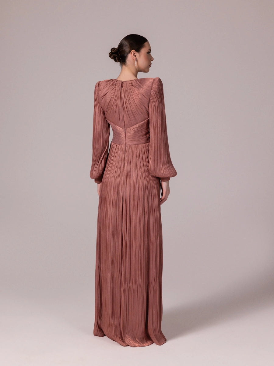 25208-Çiçek Tasarımlı Pliseli Tesettür Abiye Elbise