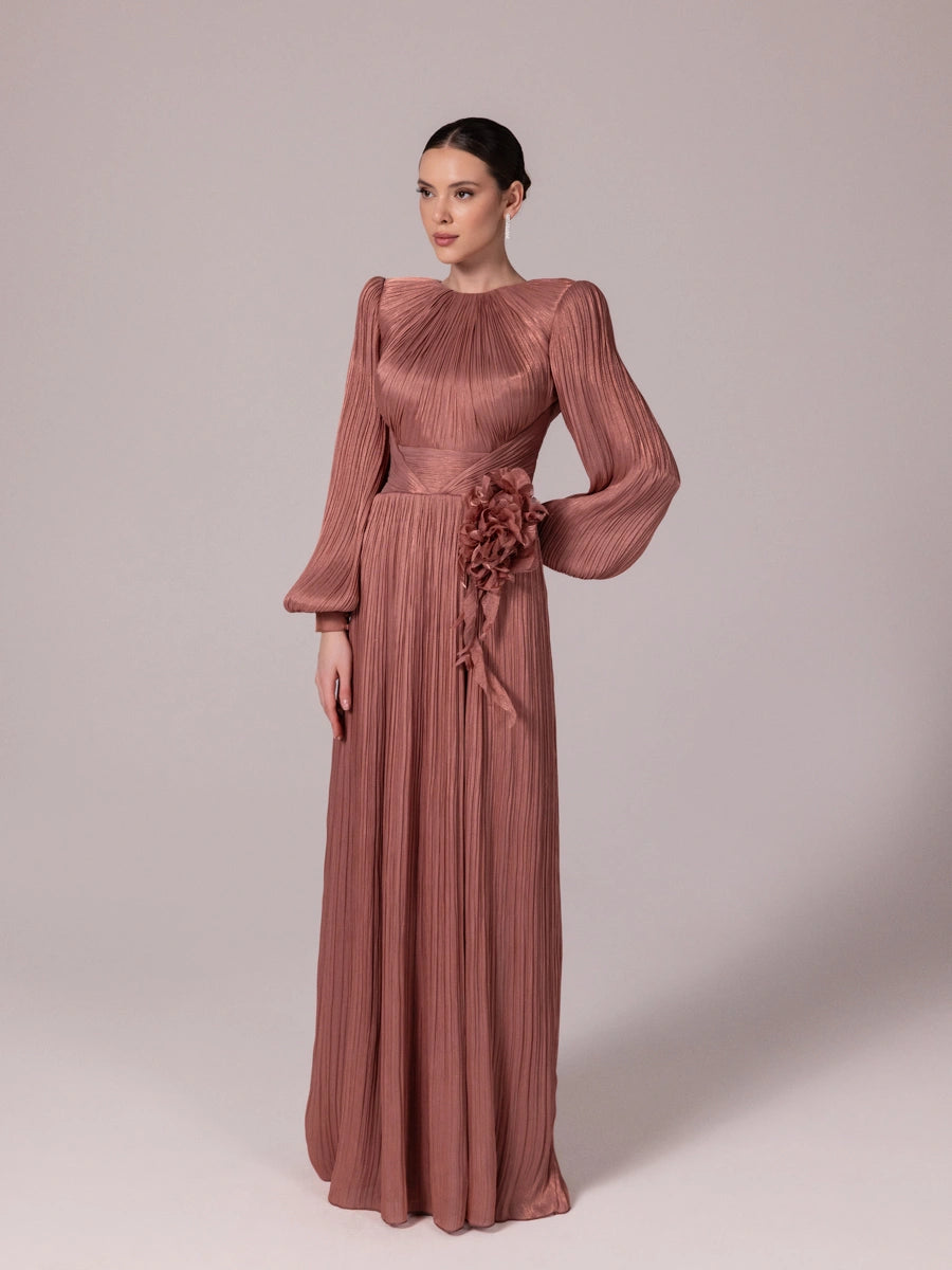 25208-Çiçek Tasarımlı Pliseli Tesettür Abiye Elbise