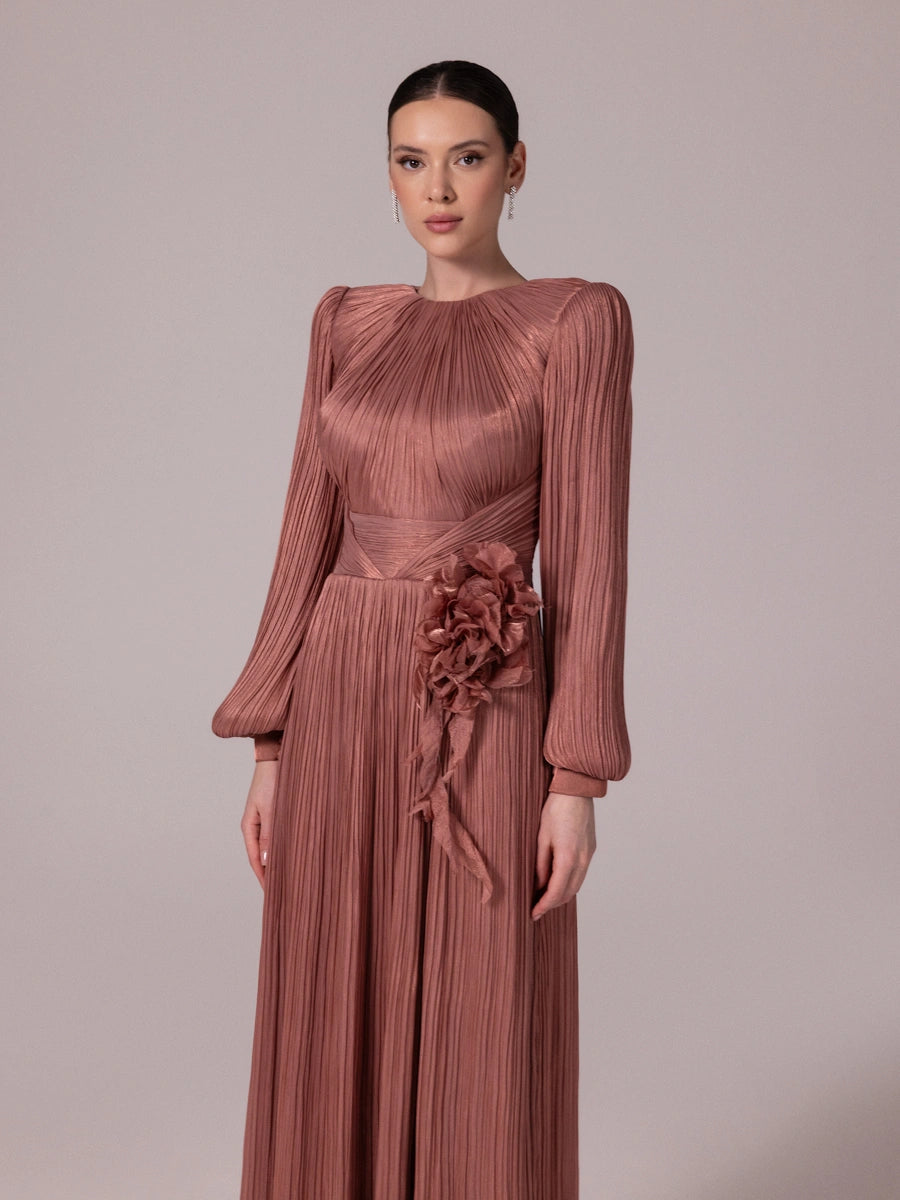 25208-Çiçek Tasarımlı Pliseli Tesettür Abiye Elbise