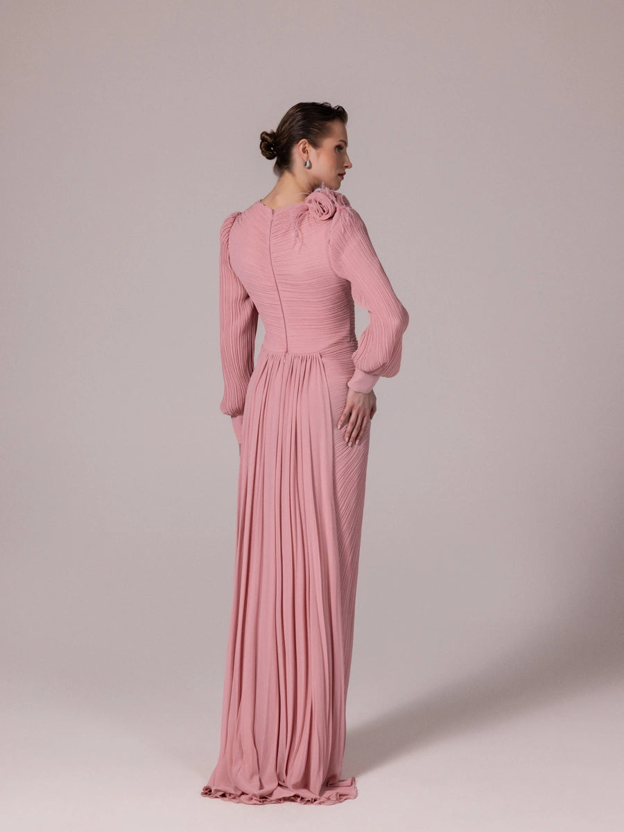 25209-Balon Kollu Piliseli Tesettür Abiye Elbise