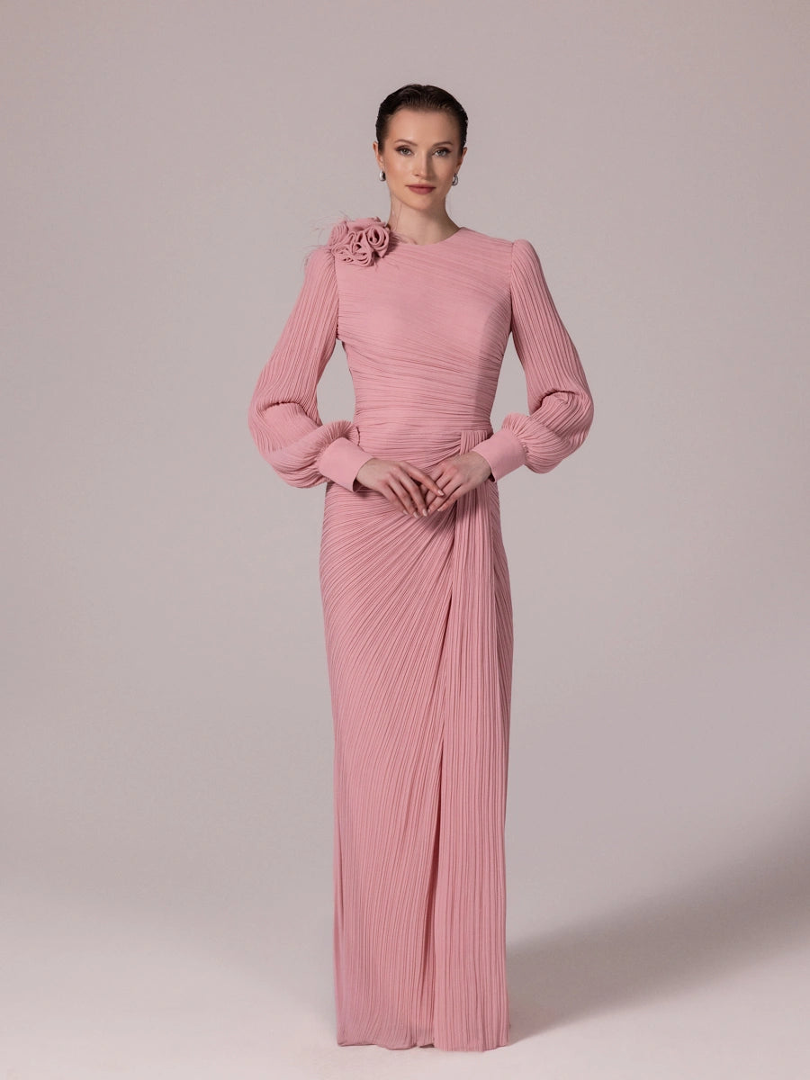 25209-Balon Kollu Piliseli Tesettür Abiye Elbise