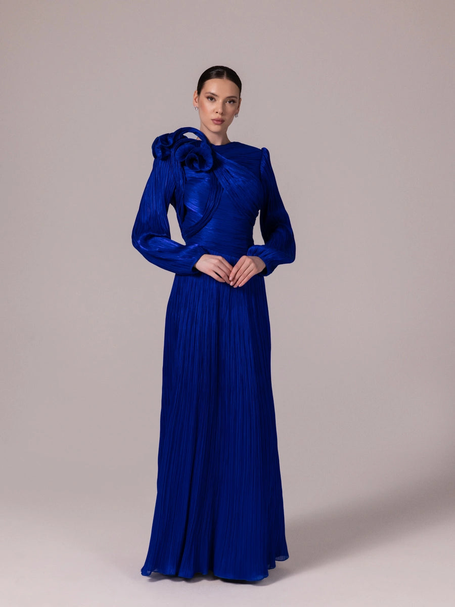 25211-Asimetrik Detaylı Balon Kollu Piliseli Kabarık Tesettür Abiye