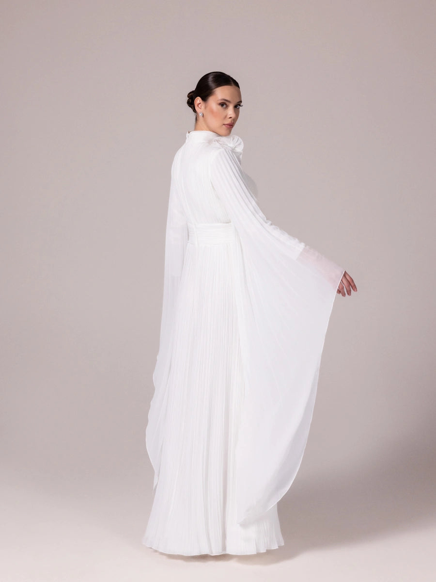 25212-Uzun Kollu Piliseli Tesettür Uzun Abiye Elbise