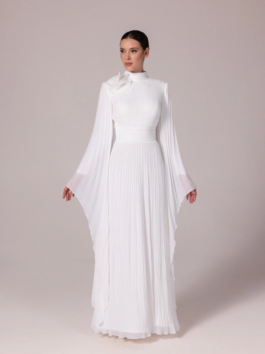 25212-Uzun Kollu Piliseli Tesettür Uzun Abiye Elbise