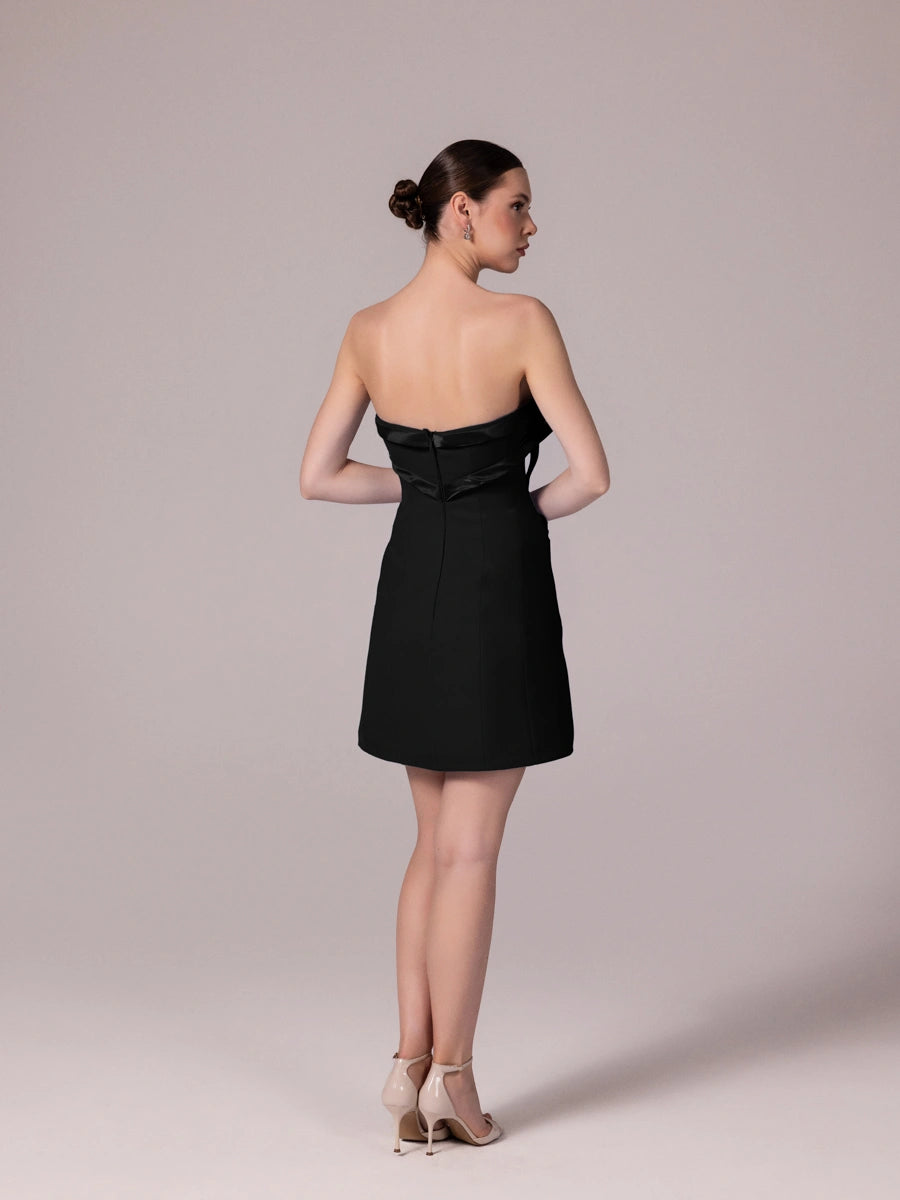 25302-Fiyonk Detaylı Kuplu Mini Elbise