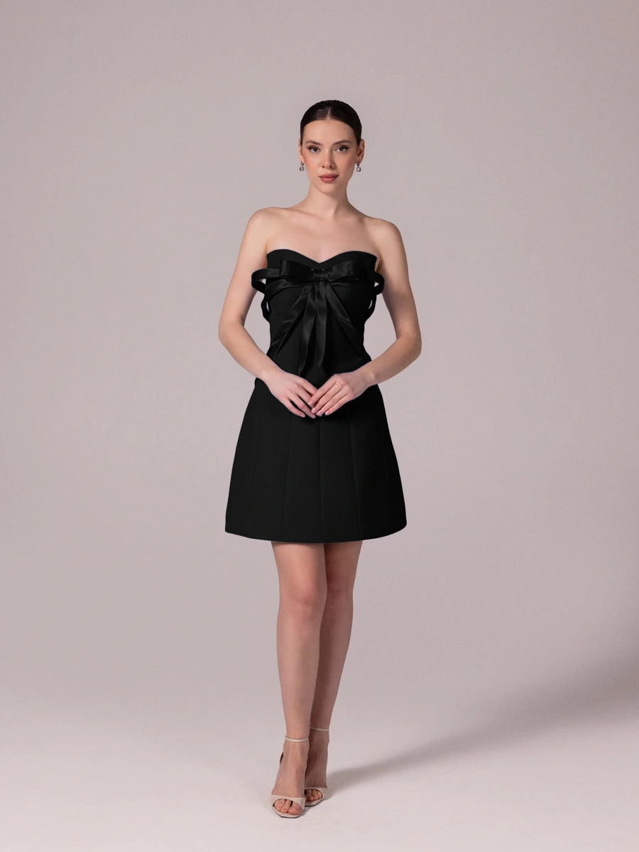 25302-Fiyonk Detaylı Kuplu Mini Elbise