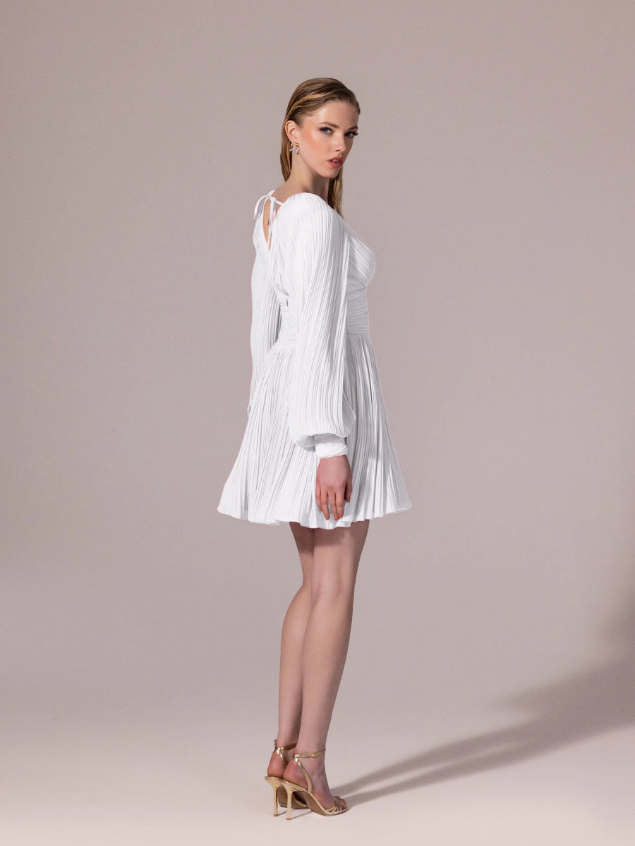 25305-Balon Kollu, Piliseli Mini Elbise