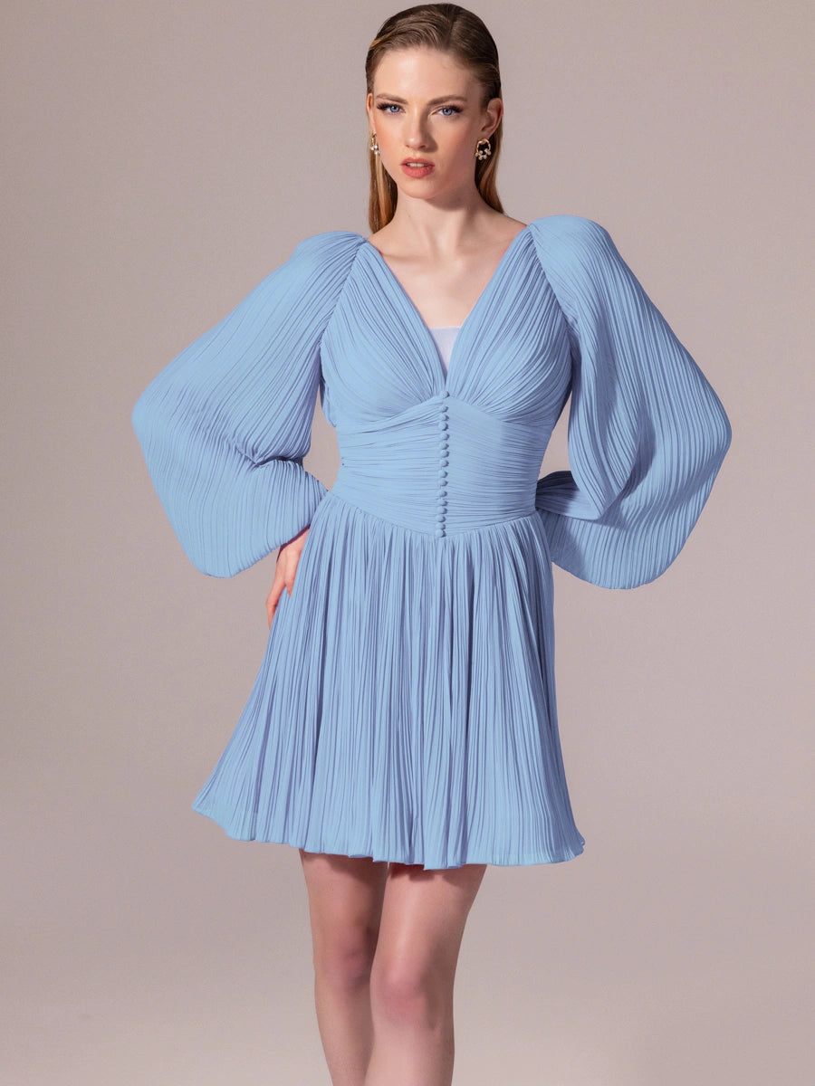 25305-Balon Kollu, Piliseli Mini Elbise