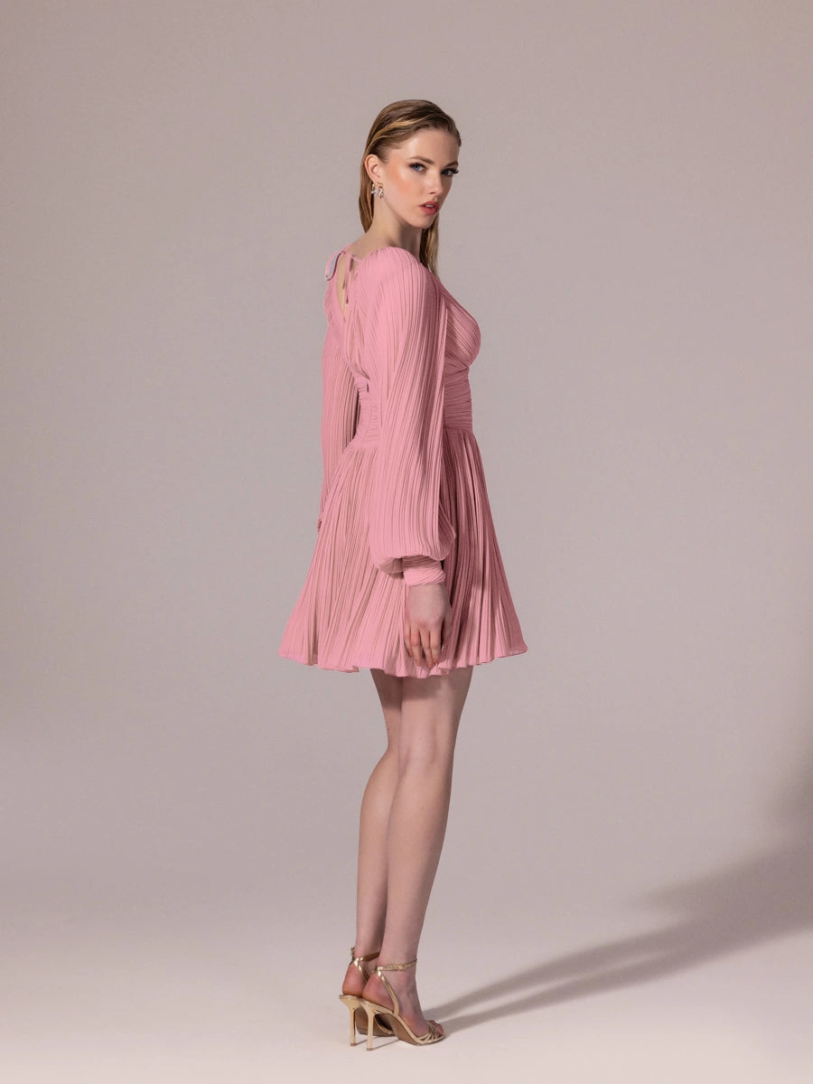 25305-Balon Kollu, Piliseli Mini Elbise