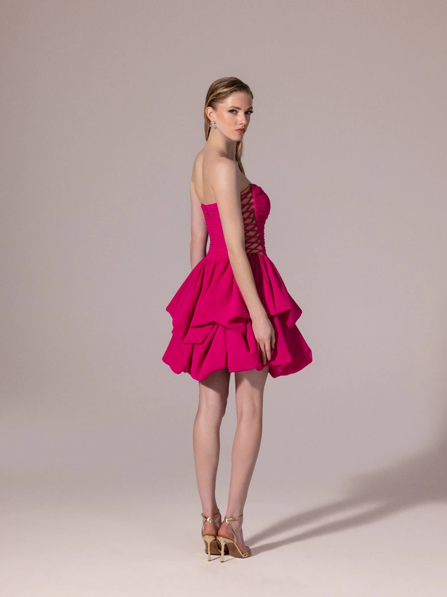 25306-Yanları Bağcık Detaylı Straplez Mini Balon Elbise