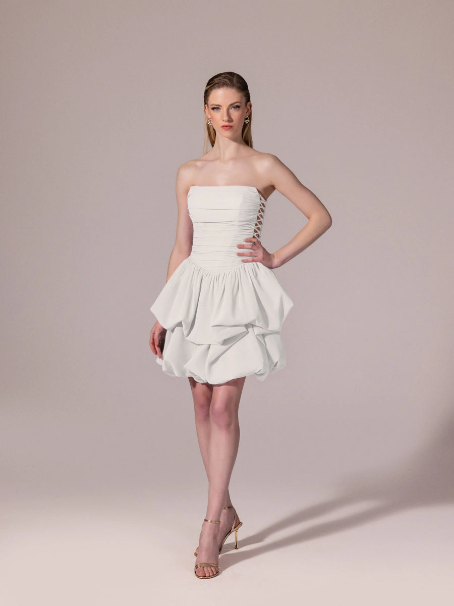 25306-Yanları Bağcık Detaylı Straplez Mini Balon Elbise