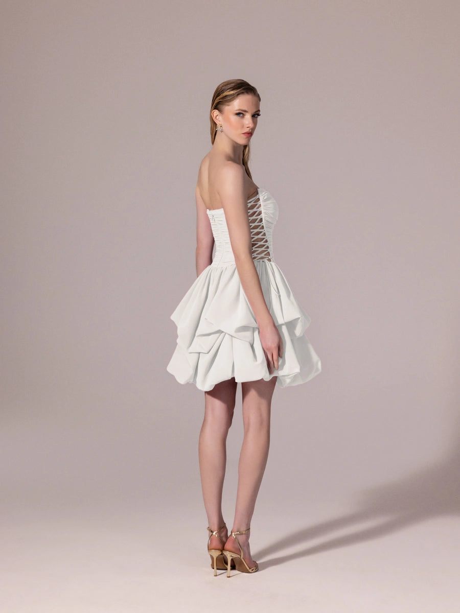 25306-Yanları Bağcık Detaylı Straplez Mini Balon Elbise