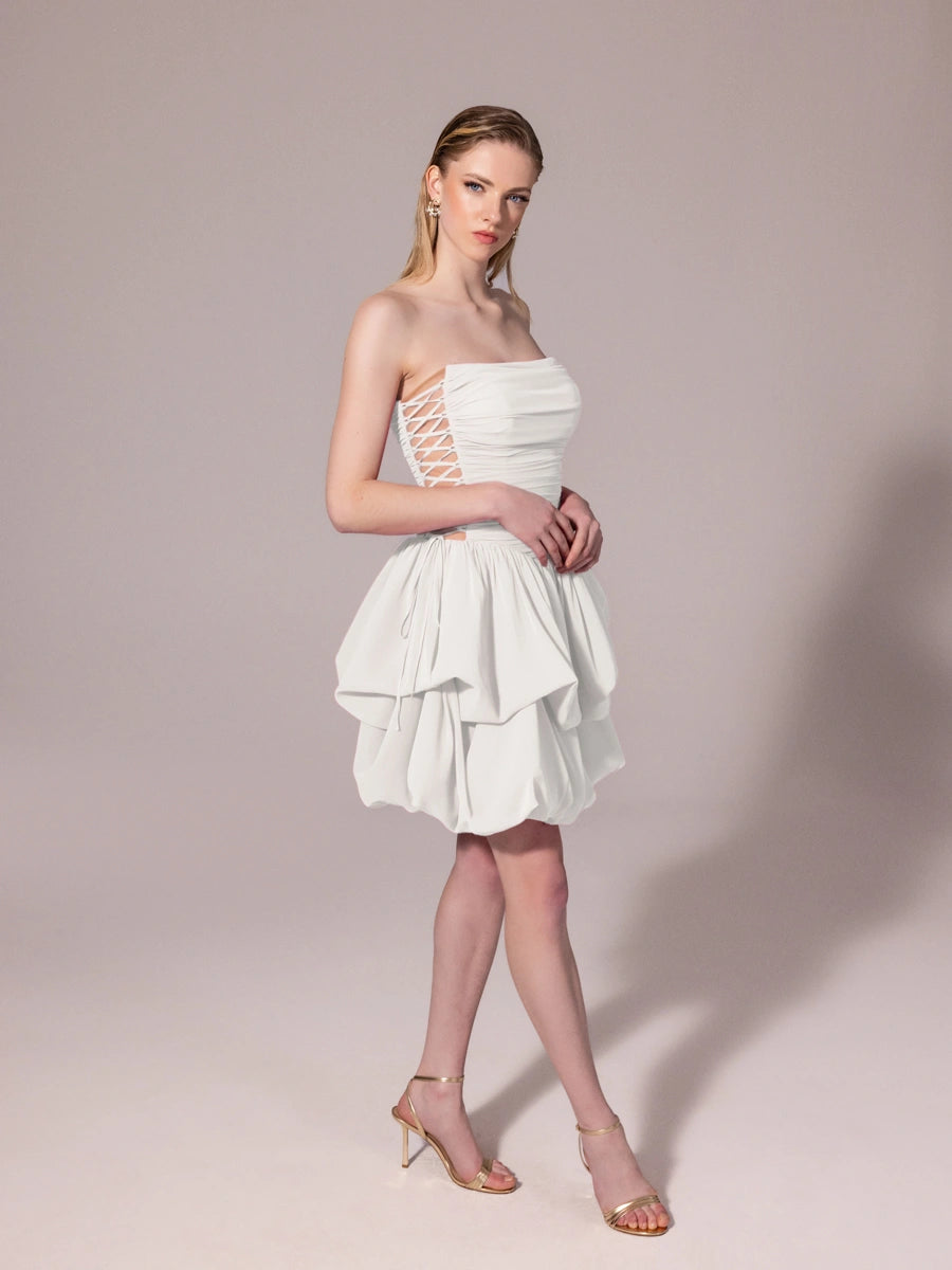 25306-Yanları Bağcık Detaylı Straplez Mini Balon Elbise