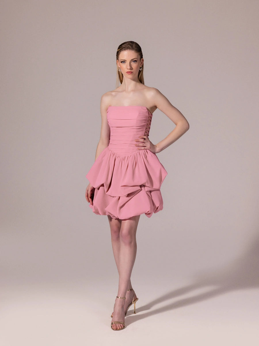 25306-Yanları Bağcık Detaylı Straplez Mini Balon Elbise