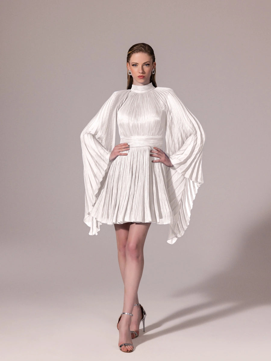 25308-Sırt Detaylı Yarasa Kollu Piliseli Mini Elbise