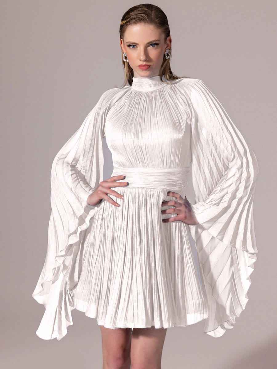 25308-Sırt Detaylı Yarasa Kollu Piliseli Mini Elbise