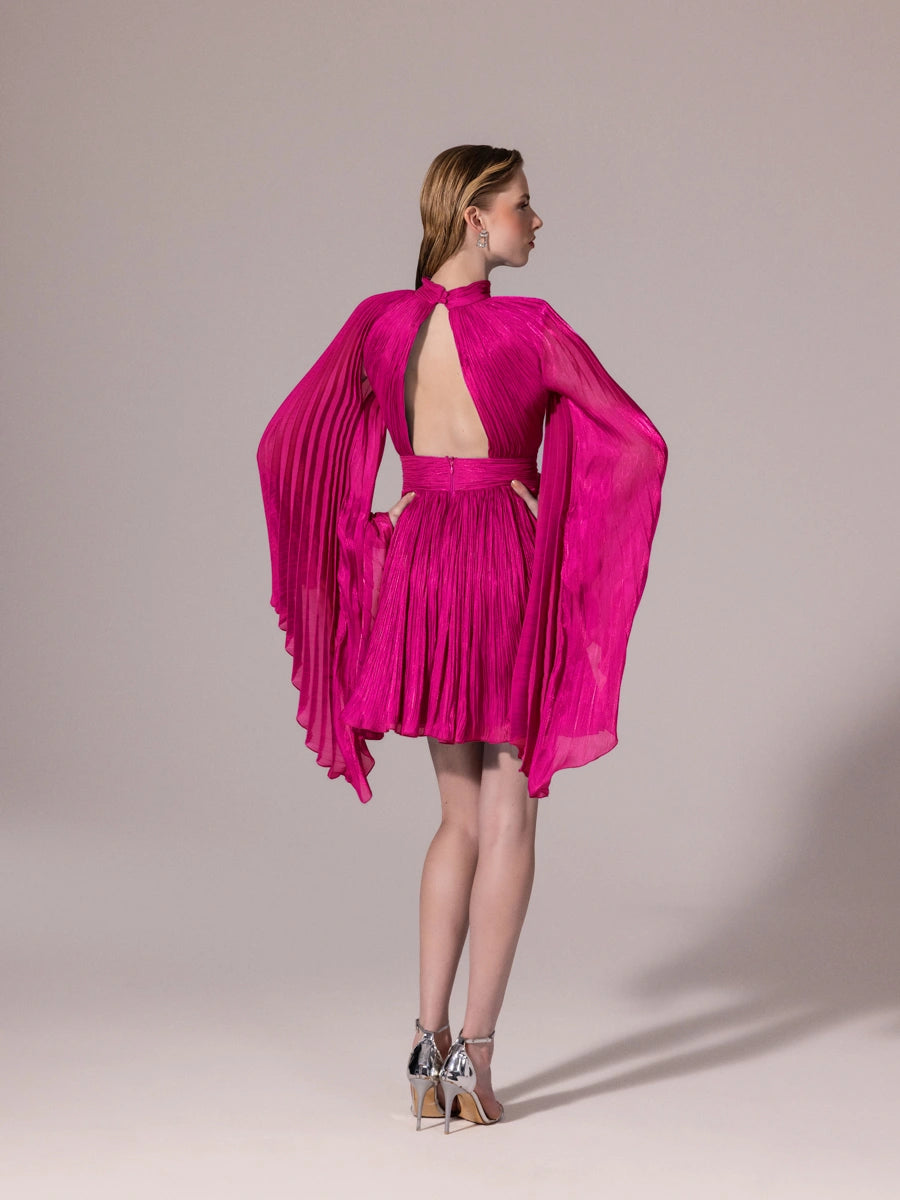 25308-Sırt Detaylı Yarasa Kollu Piliseli Mini Elbise