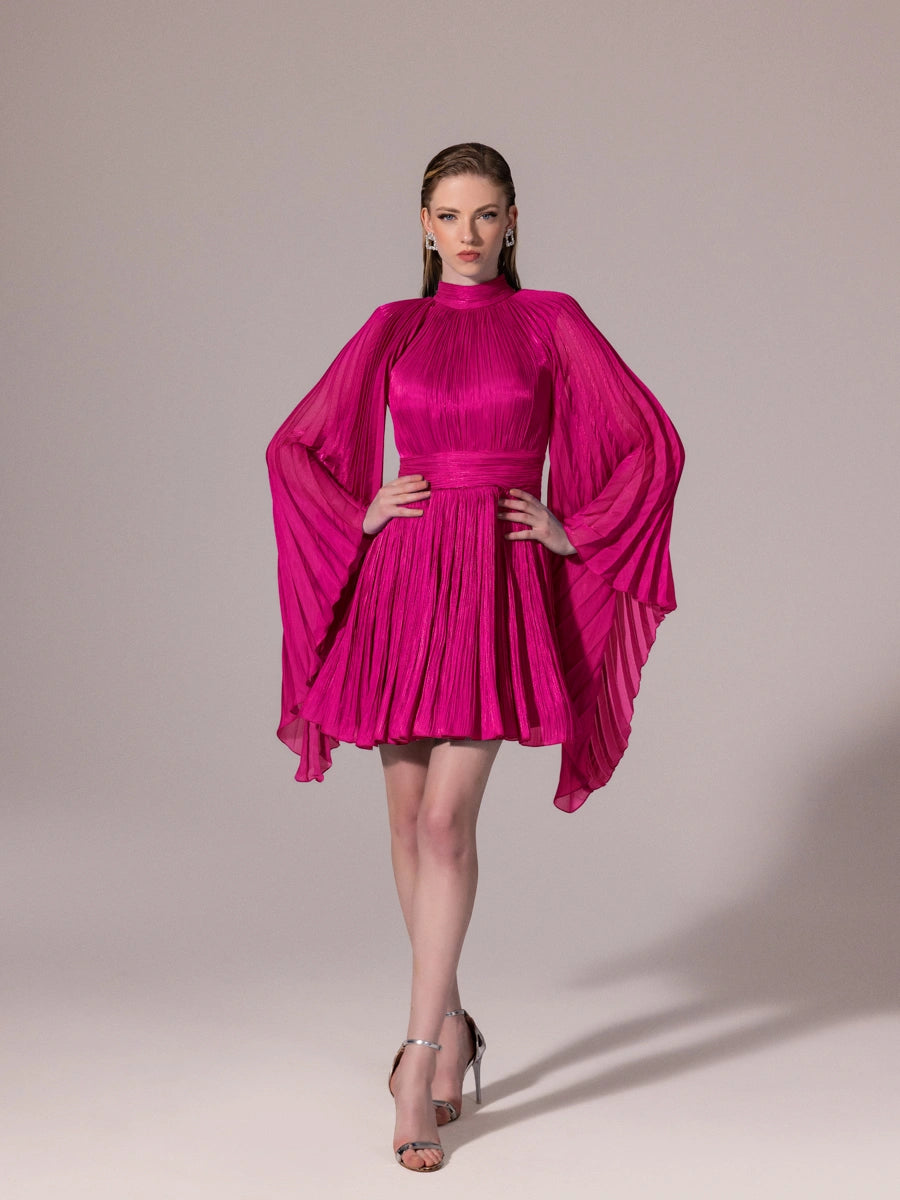 25308-Sırt Detaylı Yarasa Kollu Piliseli Mini Elbise