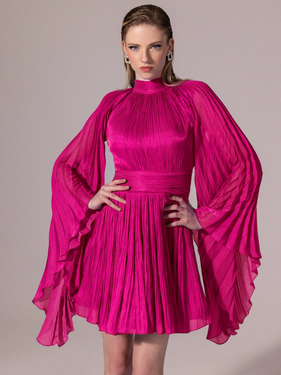 25308-Sırt Detaylı Yarasa Kollu Piliseli Mini Elbise