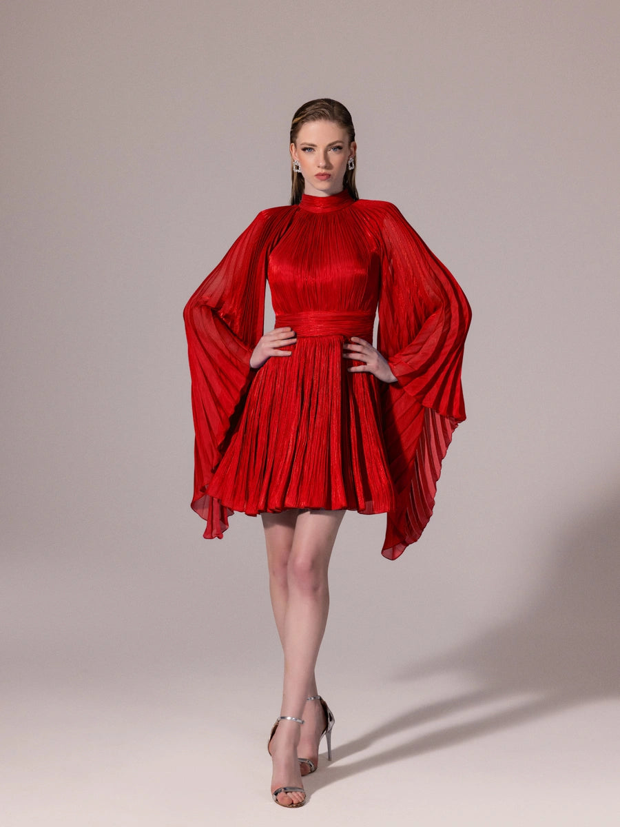 25308-Sırt Detaylı Yarasa Kollu Piliseli Mini Elbise