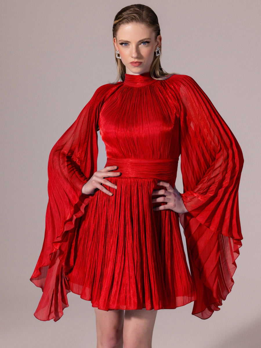 25308-Sırt Detaylı Yarasa Kollu Piliseli Mini Elbise