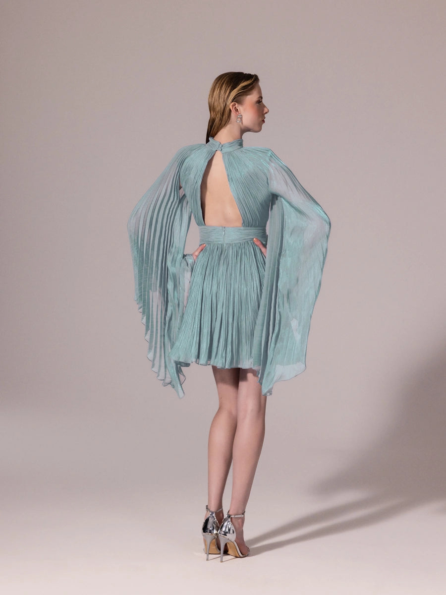 25308-Sırt Detaylı Yarasa Kollu Piliseli Mini Elbise