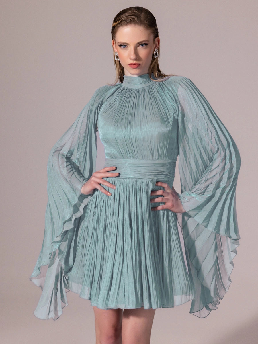 25308-Sırt Detaylı Yarasa Kollu Piliseli Mini Elbise