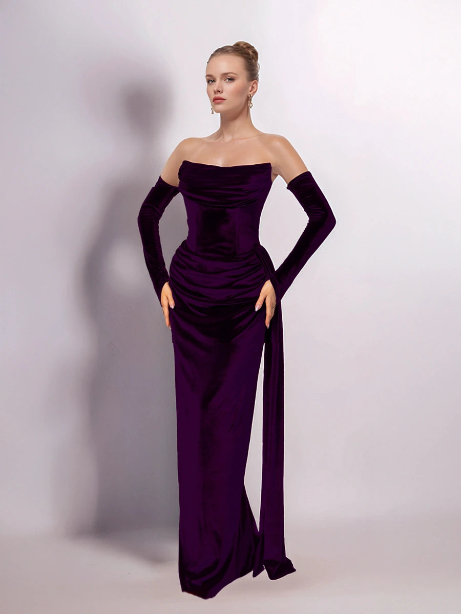 25402-Straplez Degaje Yaka Drapeli Kuyruk Detaylı Abiye Elbise