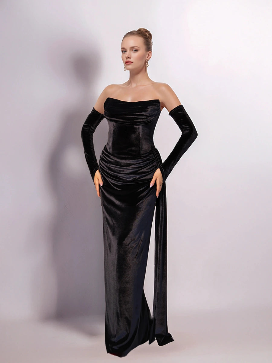 25402-Straplez Degaje Yaka Drapeli Kuyruk Detaylı Abiye Elbise