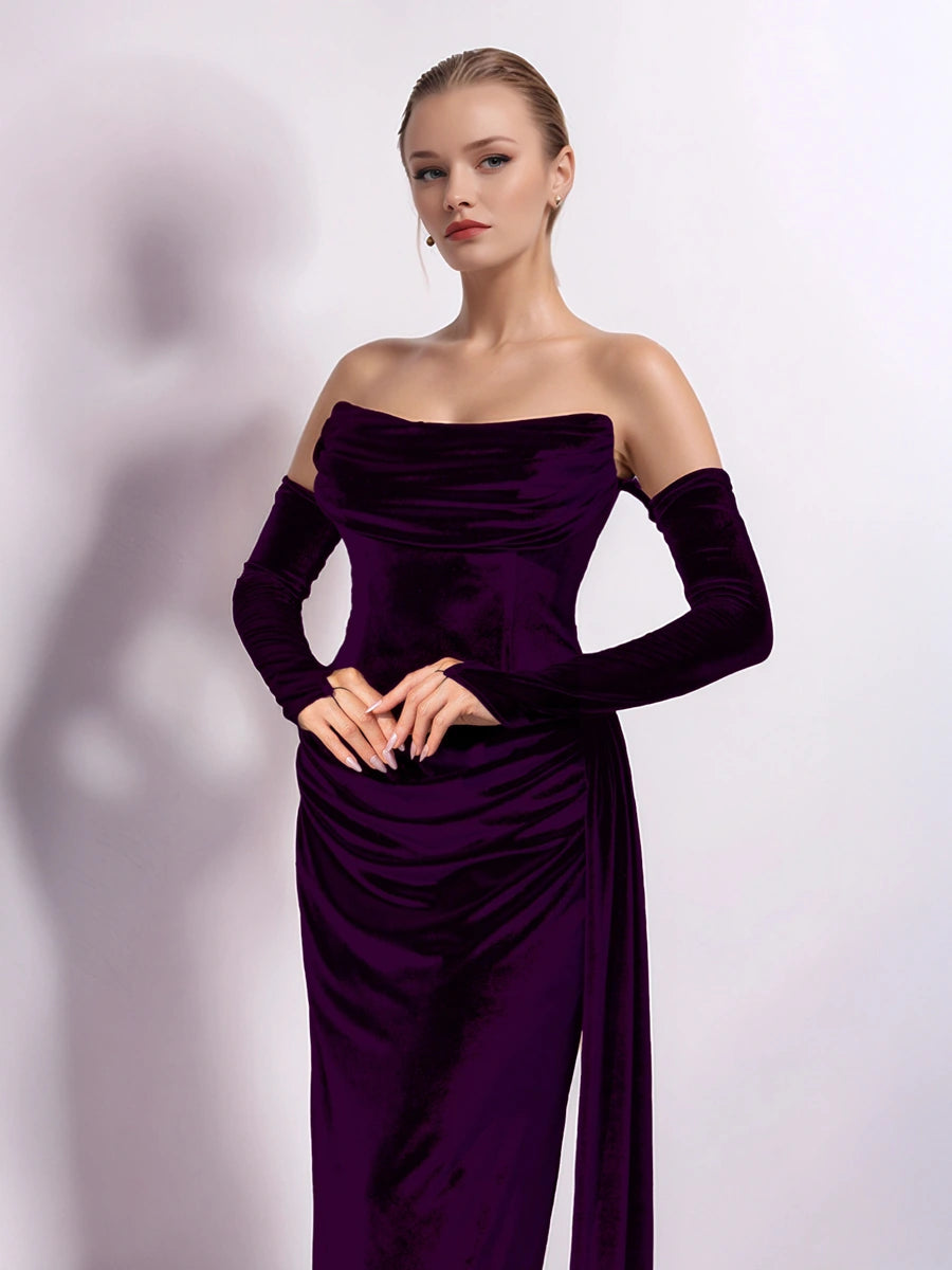 25402-Straplez Degaje Yaka Drapeli Kuyruk Detaylı Abiye Elbise