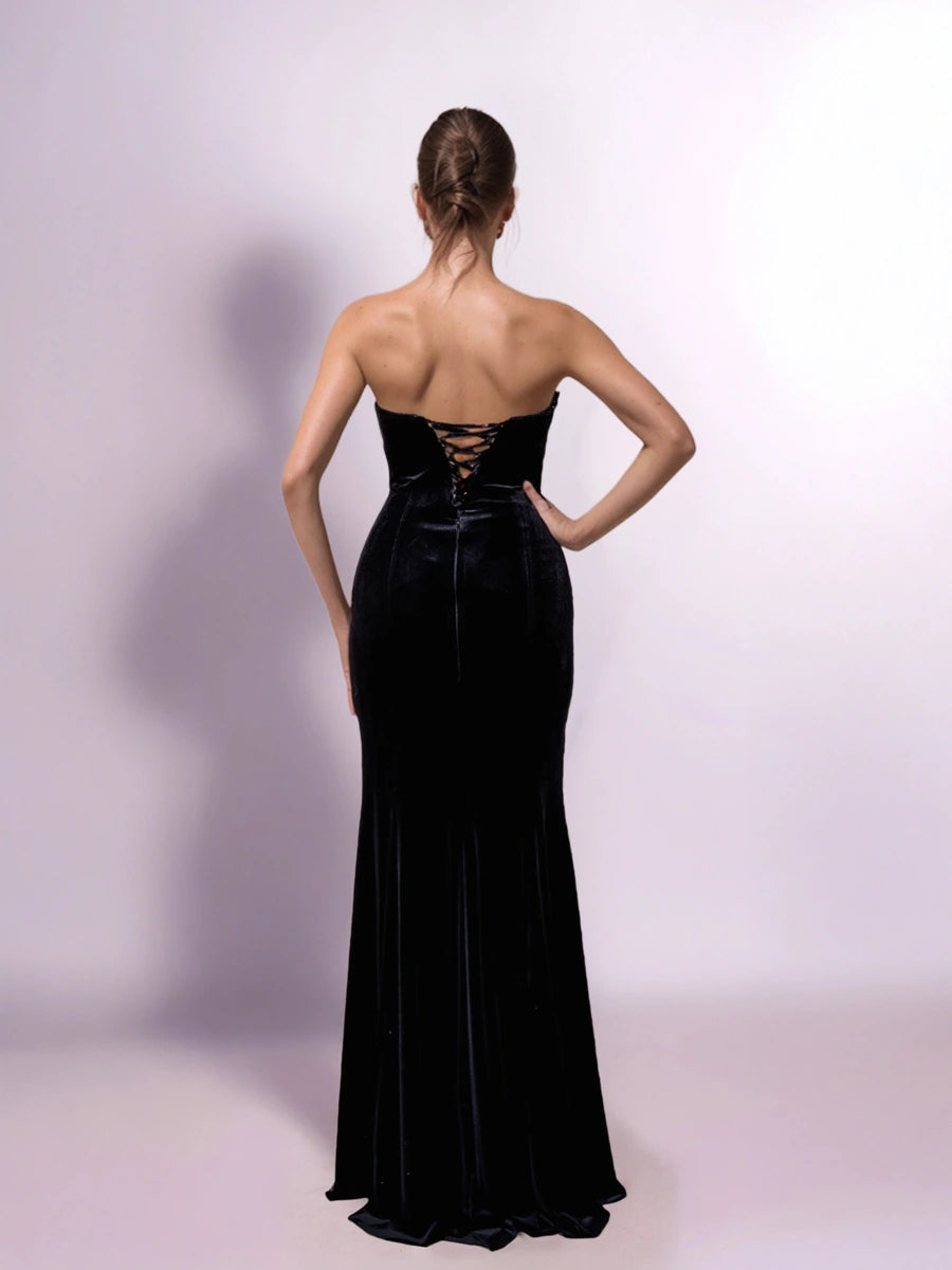 25403-Saten Drape Garnili Straplez Kadife Elbise